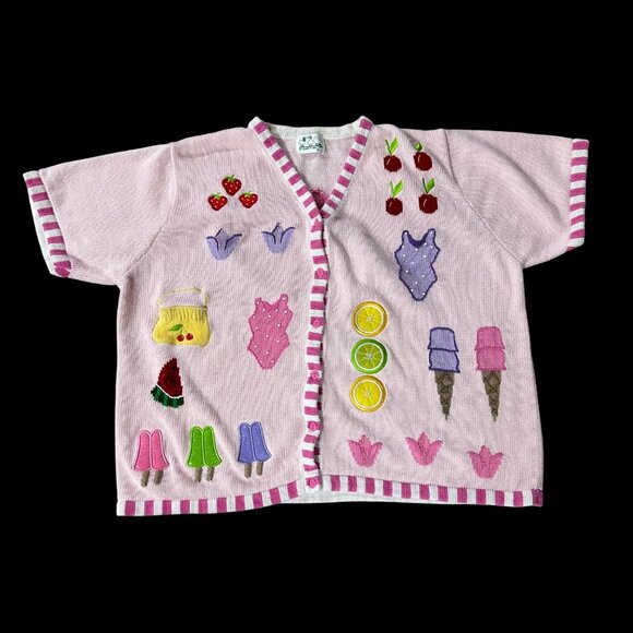 Vintage 1990s Quacker Factory Pink Knit Cardigan Summer Short Sleeve Plus Size - Picture 2 of 8